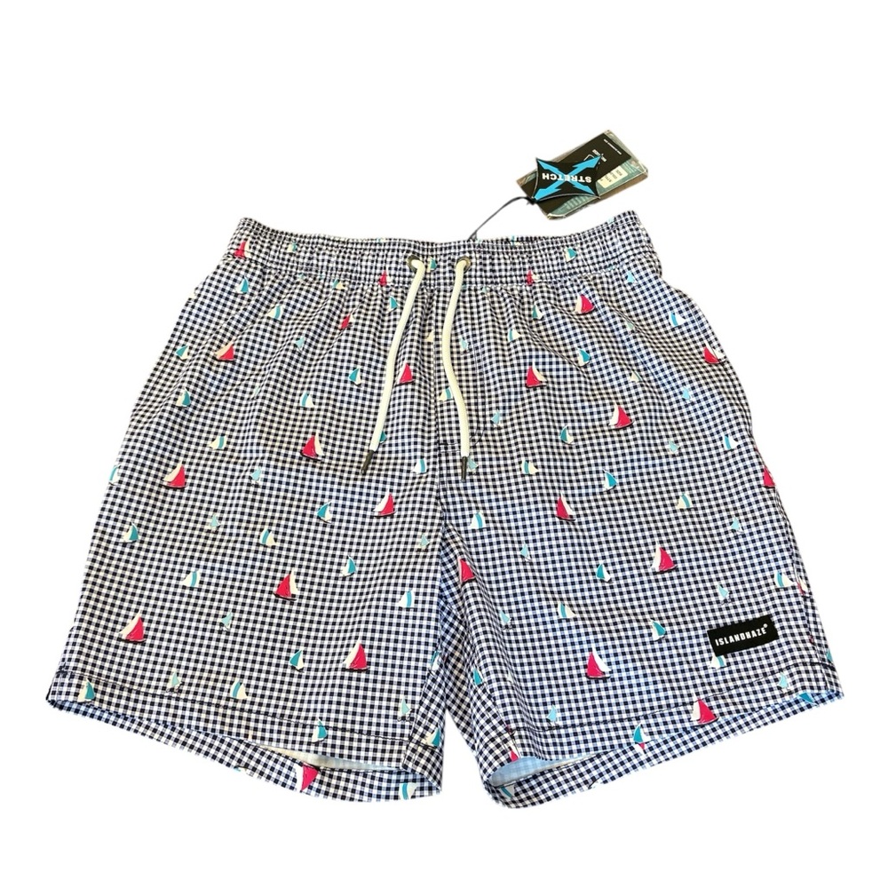 ISLANDHAZE Quick-Dry Swim Trunks Sail Checked Print Navy White Stretch Lined